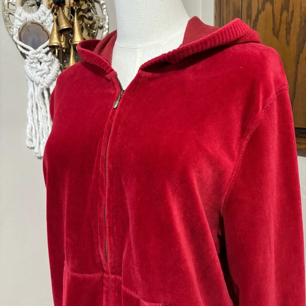 Red Velvet Corduroy Hooded Full Zip Jacket Size Large Y2K Vtg - Picture 2 of 11